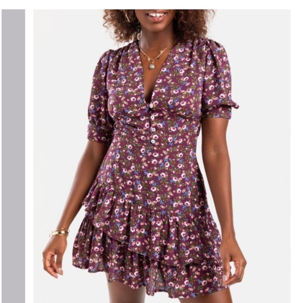 🛍️Mi Ami Francescas Women Purple Cottagecore Mini Dress Flowy Y2K Ruffled Medium - Picture 2 of 16